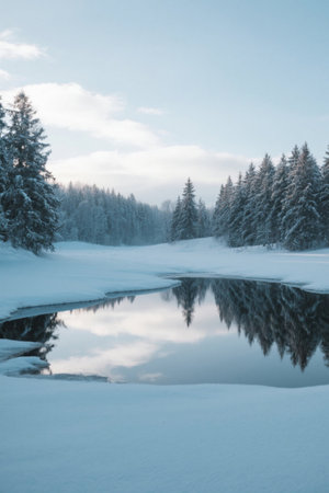 Snow-covered forests and tranquil lakes in winterの素材