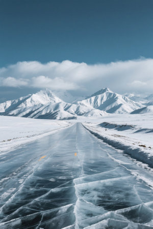 Snow-covered roads and distant snow-capped mountain landscapesの素材