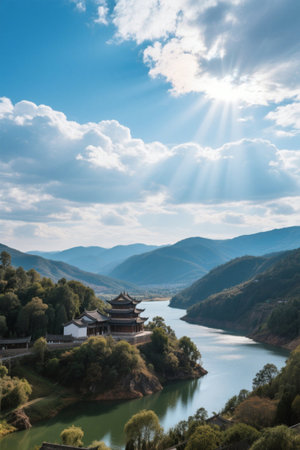 Scenery of ancient Chinese buildings in the mountains and riversの素材