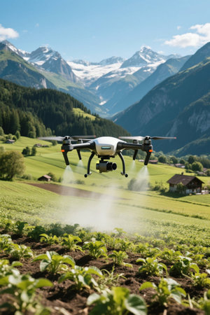 Drones spray farmland in the mountainsの素材