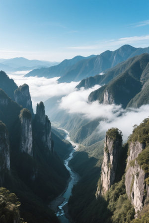 Valley mist-shrouded mountain sceneryの素材