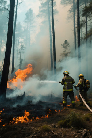 Firefighters fighting a forest fireの素材