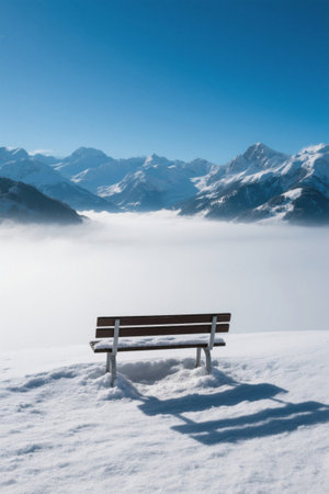 Snow bench scenery under the snow-capped mountainsの素材