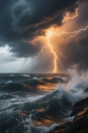 Lightning storm scene at seaの素材