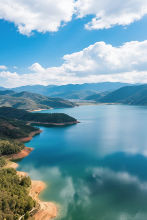 Panoramic view of natural scenery of lakes, mountains and riversの素材