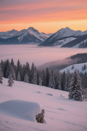 Snow Mountain Forest Sea of Clouds Sunrise Landscapeの素材
