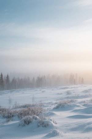 Winter snow-covered forest landscapeの素材