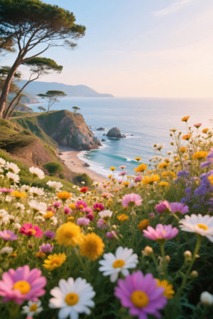 Colorful flower scenery on the seaside hillsideの素材