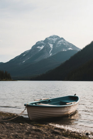 Small boats docked by the lake and distant mountain sceneryの素材
