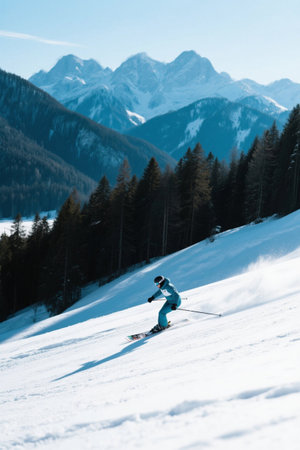 Skiers skiing in the snowy mountains and forestsの素材