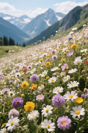Mountain landscape with blooming flowersの素材