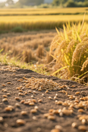 Paddy in the field and scattered grainsの素材