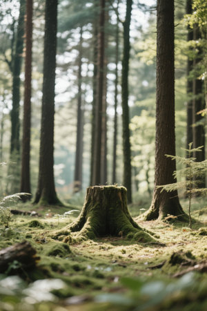 Natural scene of mossy tree stumps in the forestの素材