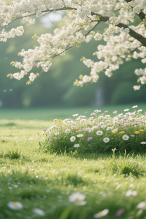 White cherry blossoms in bloom among the grass flowersの素材