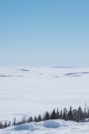 Snow-covered fields and distant wooded landscapesの素材