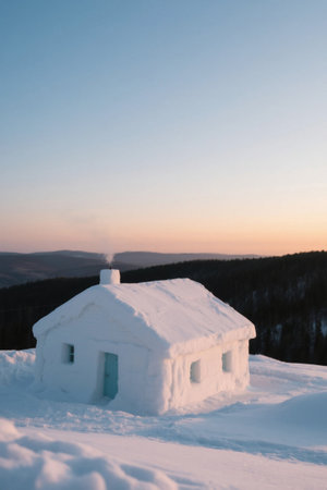 Snowy huts and distant mountain forest landscapeの素材
