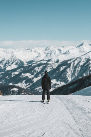 Skier standing in front of a snow-capped mountain looking outの素材