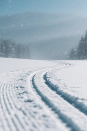 Winding tracks of ruts in the snowの素材