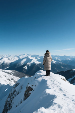 People looking into the distance from the top of the snow-capped mountainsの素材