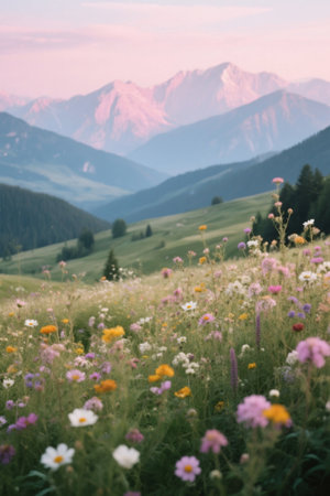 Mountain flower sea and distant mountain sceneryの素材