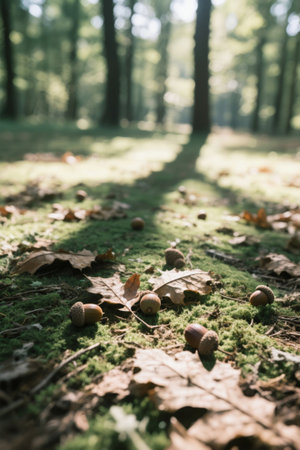 Forest floor with fallen leaves and acornsの素材