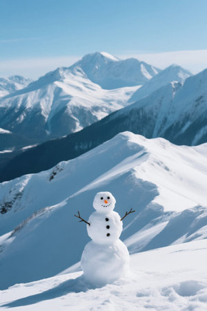 Snowman landscape in front of the snow mountainの素材