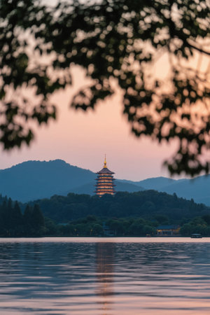 Hangzhou West Lake Leifeng Pagoda dusk lake viewの素材