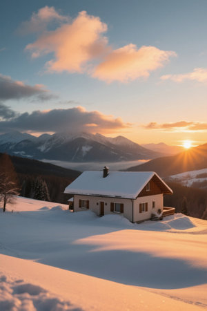 Snowy sunset at the cabin under the snow-capped mountainsの素材
