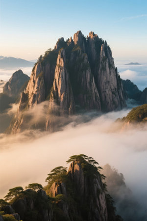 Mist-shrouded mountain natural landscapeの素材