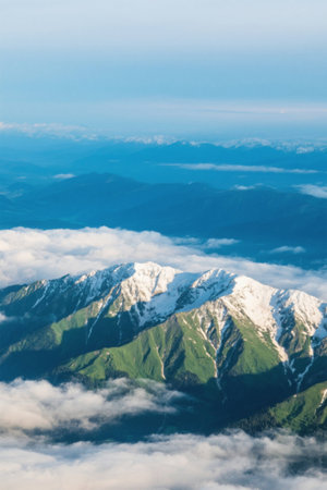 High-altitude view of snow-capped mountains and sea of cloudsの素材