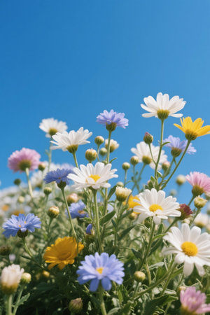 Colorful daisy flowers against a blue sky backgroundの素材