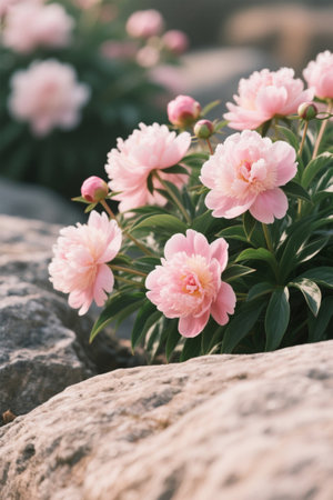 Pink peony bushes and stone landscapeの素材