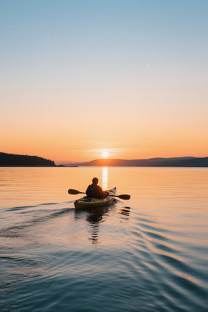 Single kayak on the lake at sunsetの素材