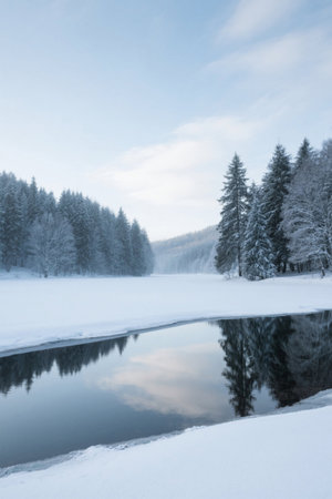 A calm river beside a snow-covered forest in winterの素材