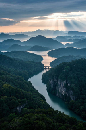Valley River and Distant Mountain Landscapeの素材