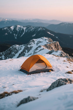Outdoor camping tents on top of the snow-capped mountainsの素材