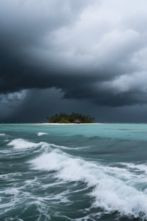 A tropical island shrouded in dark clouds on the oceanの素材