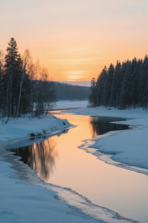 Winter river sunrise natural landscapeの素材