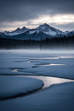 Frozen lake and forest landscape under snow-capped mountainsの素材