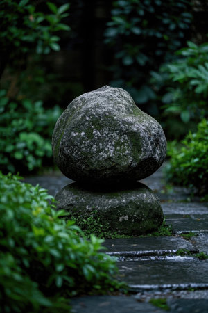 Stacked stones and greenery in the parkの素材