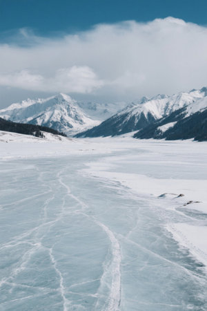 Natural landscape of frozen lake under snow-capped mountainsの素材