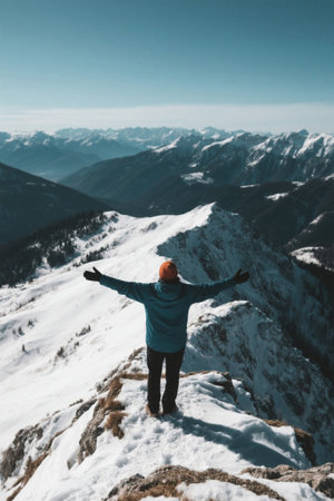 The mountaintop figure opens his arms to enjoy the snowy mountain sceneryの素材