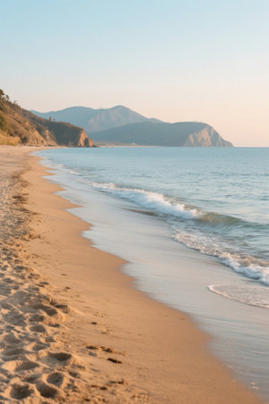 Seaside beach and distant mountain marine landscapeの素材