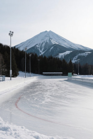 Outdoor ice skating rink under the snow-capped mountainsの素材