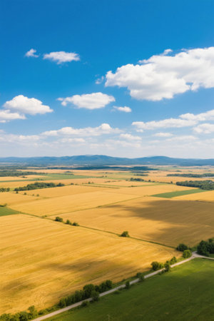 Aerial photography of vast golden farmland and blue skyの素材
