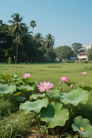 Lotus and green landscape in the fieldsの素材