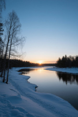 Snowy sunset view by the river in winterの素材