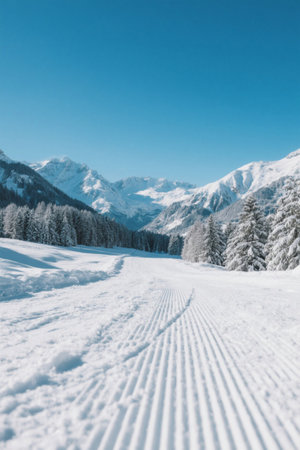 Snow trails and forest landscapes under the snow-capped mountainsの素材