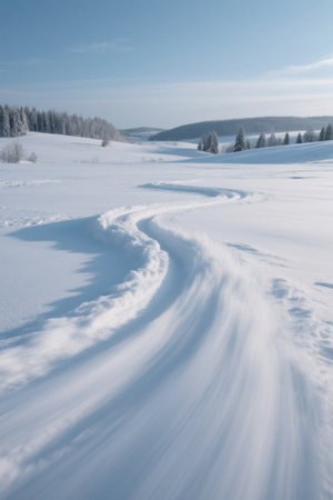 Snow ruts and distant forest landscapeの素材