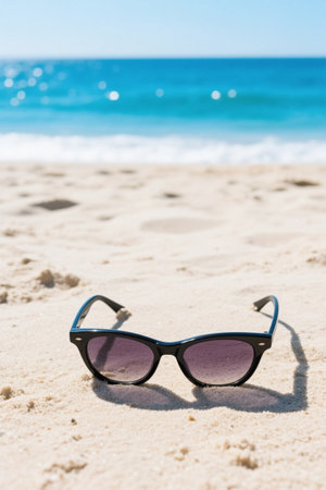 Sunglasses on the beach with sea viewの素材